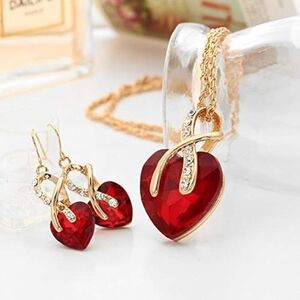 Faux Ruby Heart of The Ocean Jewelry Gold Tone CZ Crystal Necklace Earrings Set
